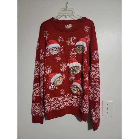Party Sweater Mens Red Cat Christmas 100% Acrylic Sweater - Size XL - Picture 1 of 4